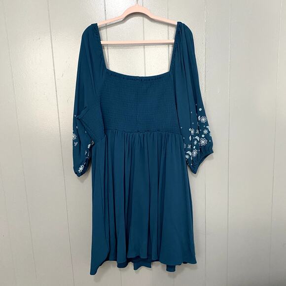 Torrid Legion Blue Floral Smocked Mini Crinkle Gauze Blouson Sleeve Dress 4X - Picture 7 of 9